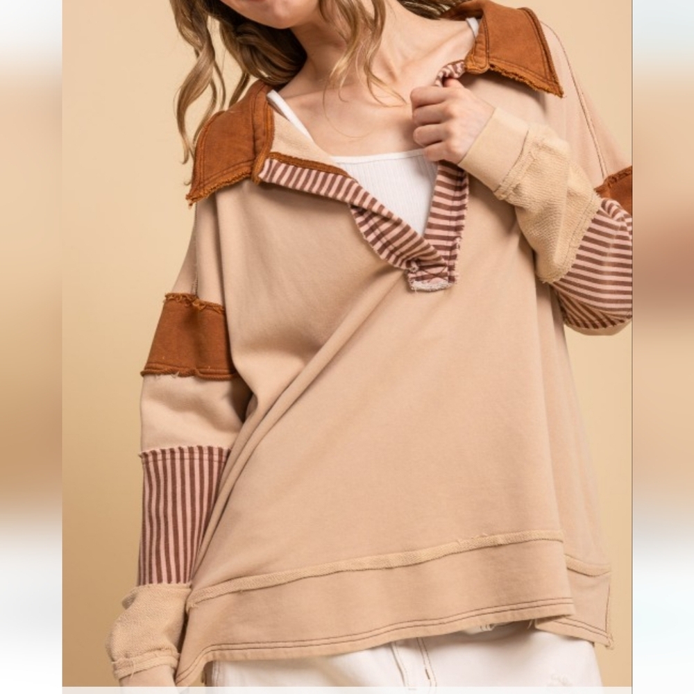 Bv89 Taupe Combo Patchwork V Neck Pullover - image 1